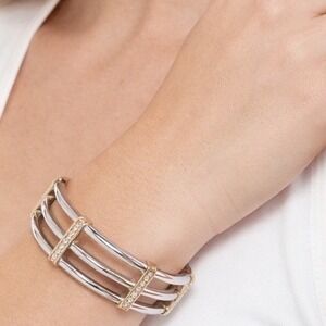Two Tone Triple Row Hinged Bangle Bracelet Crystal Accents Silver Gold Chic J-01
